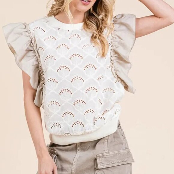 Lime 'N' Chili Ruffle Cap Sleeve Embroidered Eyelet Blouse - Picture 6 of 11